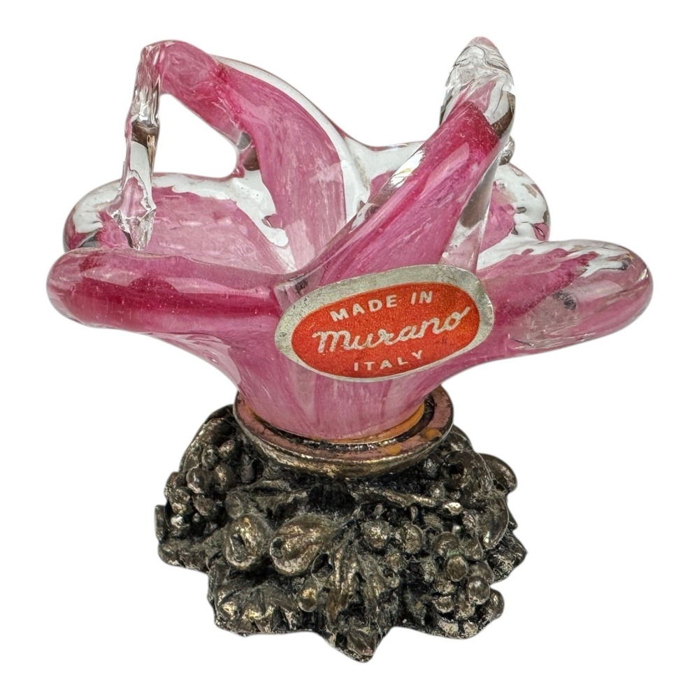 Murano Glass MCM Mini Pink Flower with Metal Base Italy Mid Century Decor